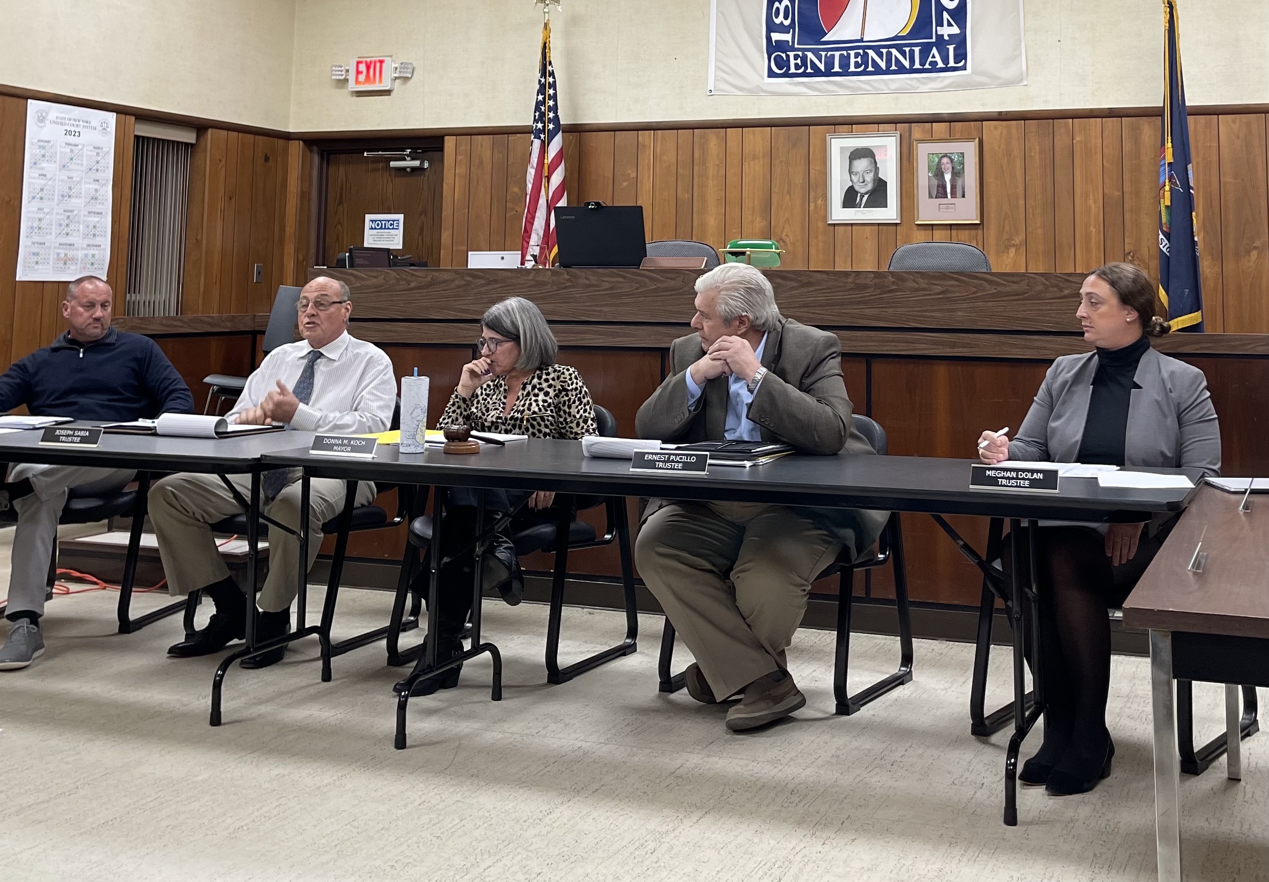 Trustee Joe Sabia (second from left) speaks after losing his title of deputy mayor at last night&#39;s Northport Village board of trustees meeting. Trustee Meghan Dolan (far right) was appointed in his place.