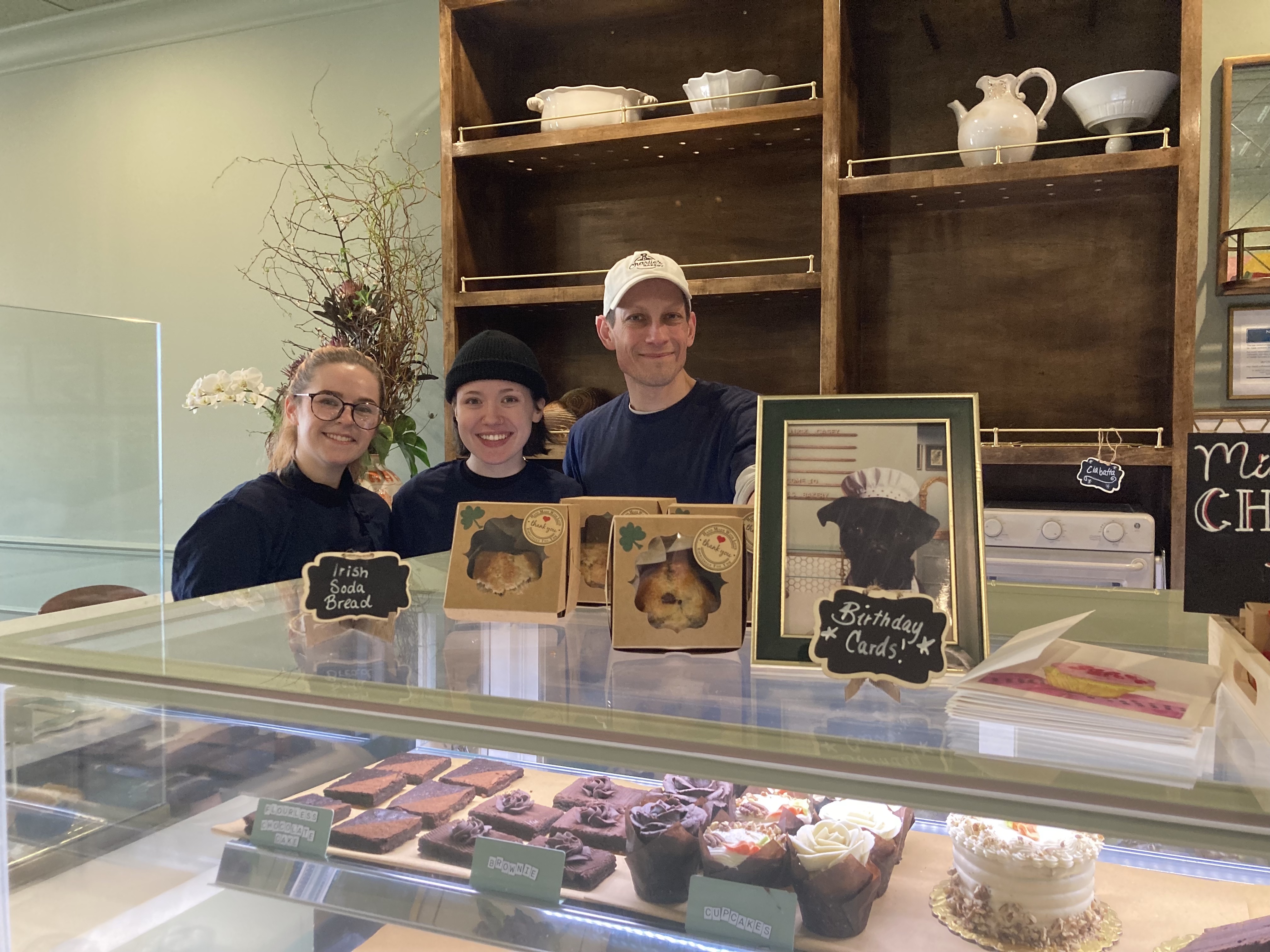 Charlie’s Bakery owner Casey Sandler (right) with barista Sam Hughes (left) and pastry and cake maker Erica Varley. 