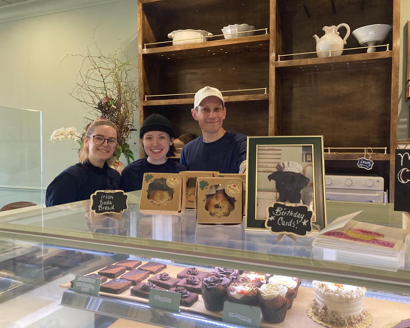 Charlie’s Bakery owner Casey Sandler (right) with barista Sam Hughes (left) and pastry and cake maker Erica Varley. 