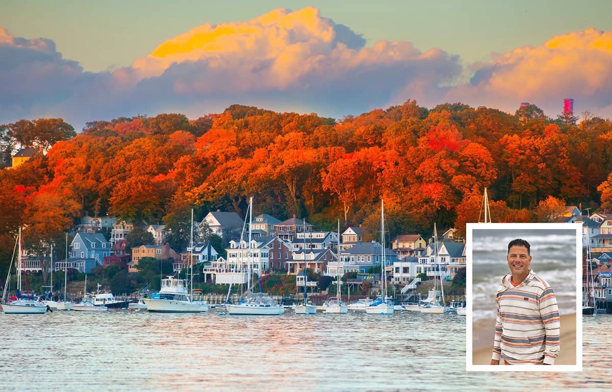 “Fall in Full Bloom,” a photograph of Northport Harbor by landscape photographer Frank D’Agostino (inset), has been made into a puzzle available at retailers across the United States. 