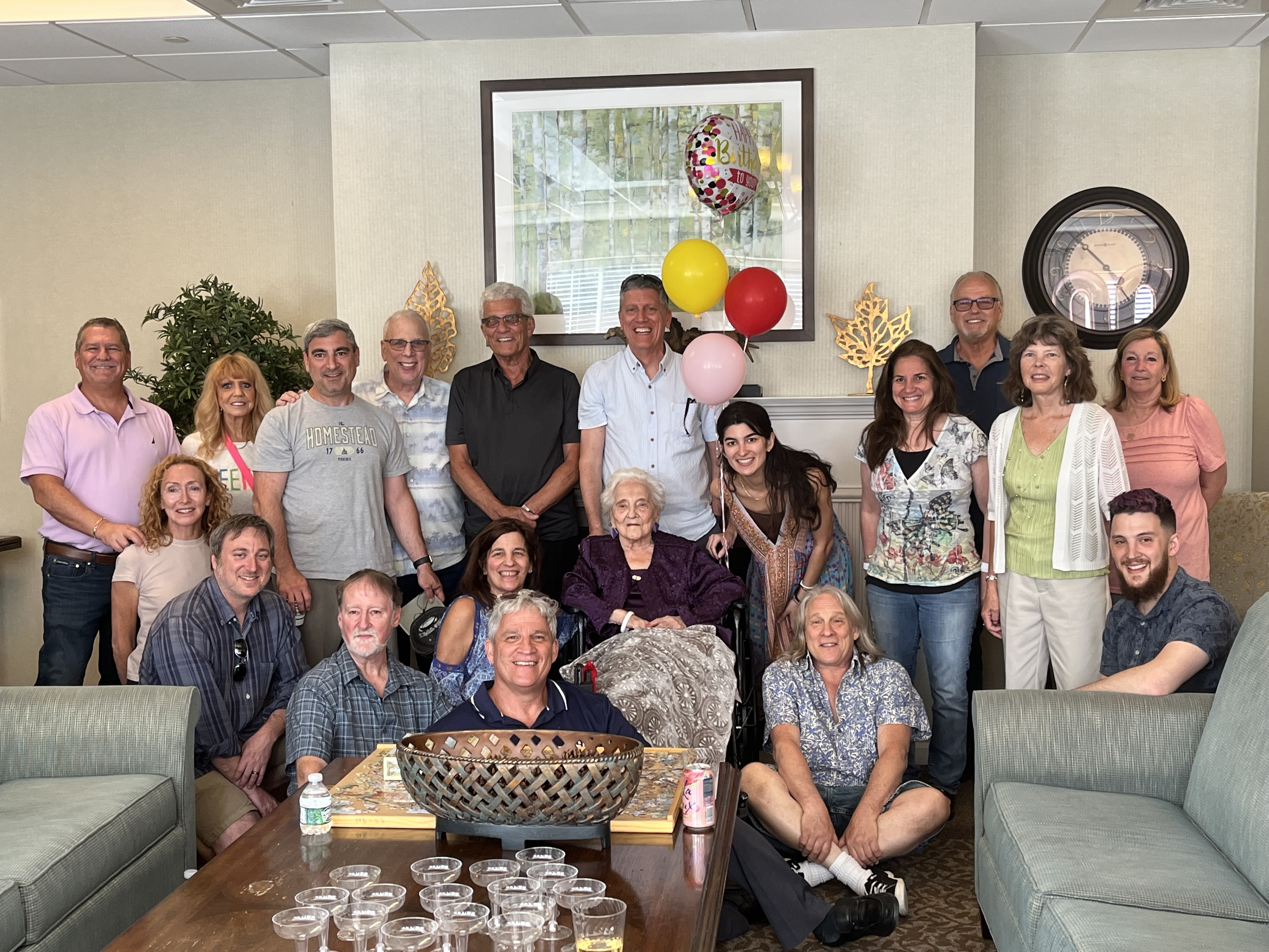 Helen Gabay surrounded by her children (Jonathan, David and Janine), grandchildren, family and friends at Atria East Northport this past June 8, Helen&#39;s 100th birthday. 