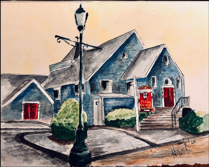 A watercolor portrait of Trinity Episcopal Church, part of Nancy and Bob Hendrick’s Main Street series. 