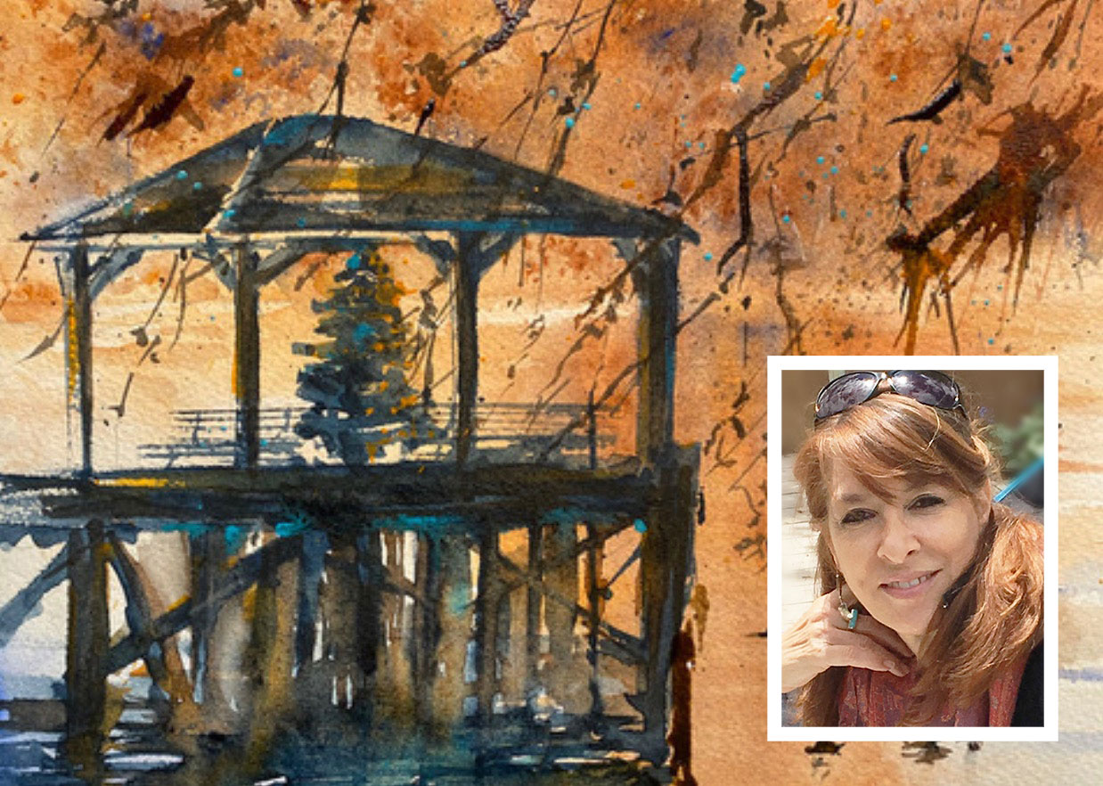 Artist Jan Guarino, inset, is donating a portion of the proceeds from her November exhibition and sale at The Firefly Artists to Christine Garrecht, who is fighting cancer. Pictured is a detail of Guarino’s watercolor “Harbor Dock Foliage,” from her website.