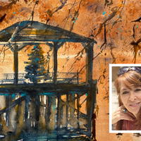 Artist Jan Guarino, inset, is donating a portion of the proceeds from her November exhibition and sale at The Firefly Artists to Christine Garrecht, who is fighting cancer. Pictured is a detail of Guarino’s watercolor “Harbor Dock Foliage,” from her website.