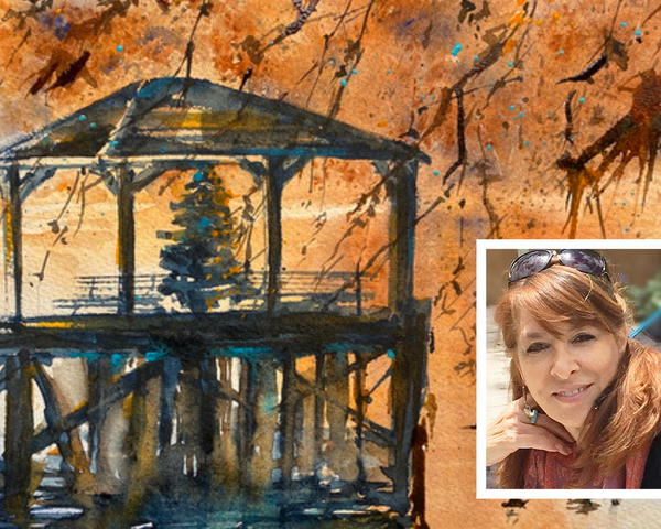 Artist Jan Guarino, inset, is donating a portion of the proceeds from her November exhibition and sale at The Firefly Artists to Christine Garrecht, who is fighting cancer. Pictured is a detail of Guarino’s watercolor “Harbor Dock Foliage,” from her website.