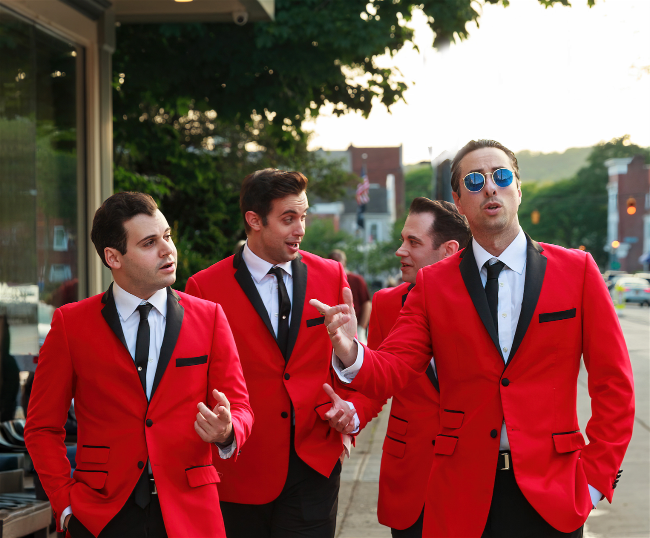 The cast of Jersey Boys outside the Engeman Theater in Northport Village, where the musical holds the record for the theater&#39;s  longest extension. Shows will run through June 30. Photo courtesy Engeman Theater. 