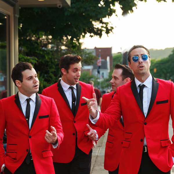 The cast of Jersey Boys outside the Engeman Theater in Northport Village, where the musical holds the record for the theater&#39;s  longest extension. Shows will run through June 30. Photo courtesy Engeman Theater. 