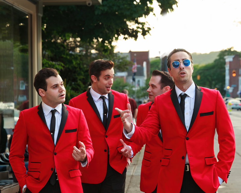 The cast of Jersey Boys outside the Engeman Theater in Northport Village, where the musical holds the record for the theater&#39;s  longest extension. Shows will run through June 30. Photo courtesy Engeman Theater. 