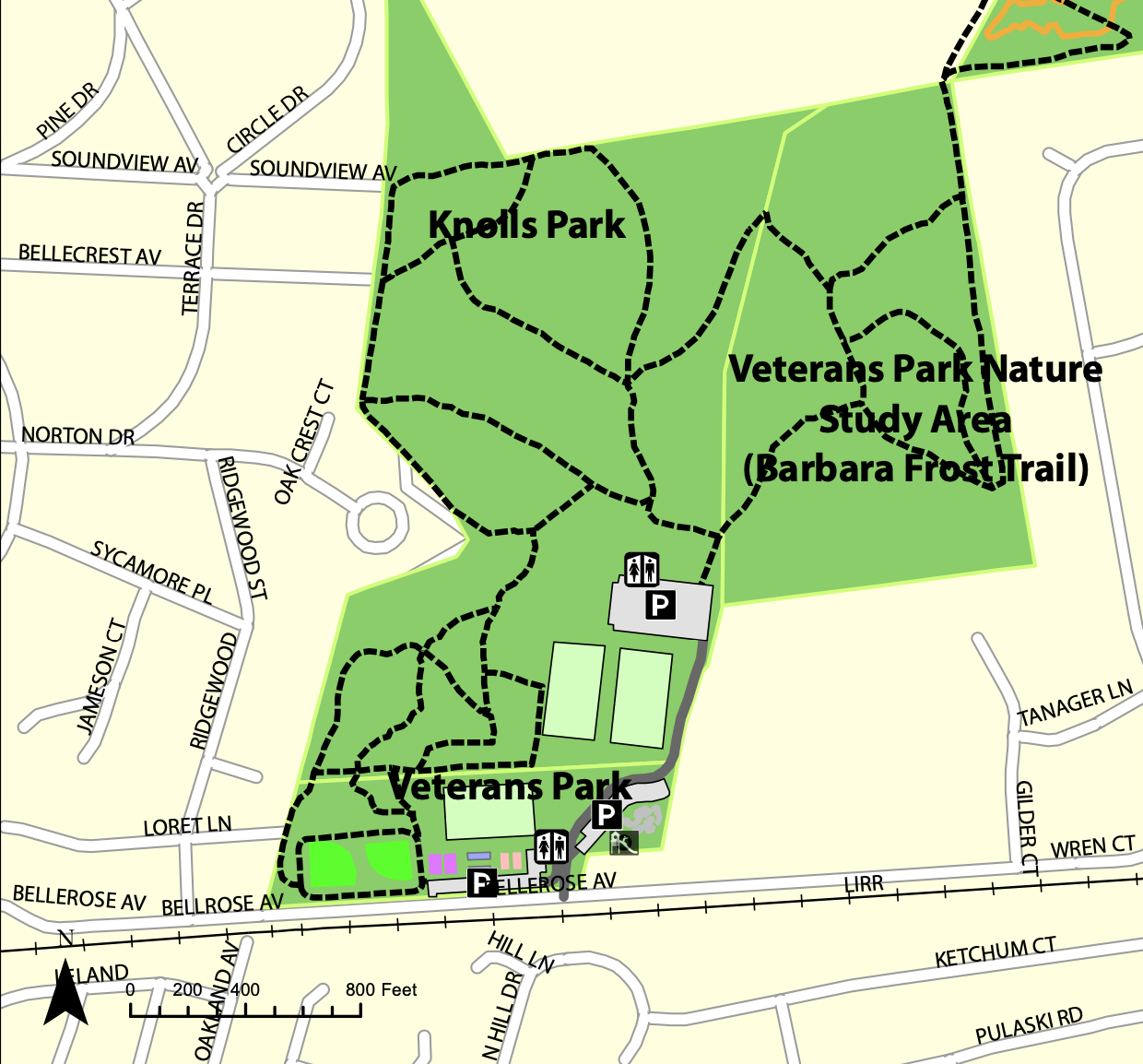 A map of Knolls Park and the Barbara Frost Trail, provided by the Town of Huntington in its trails guide.