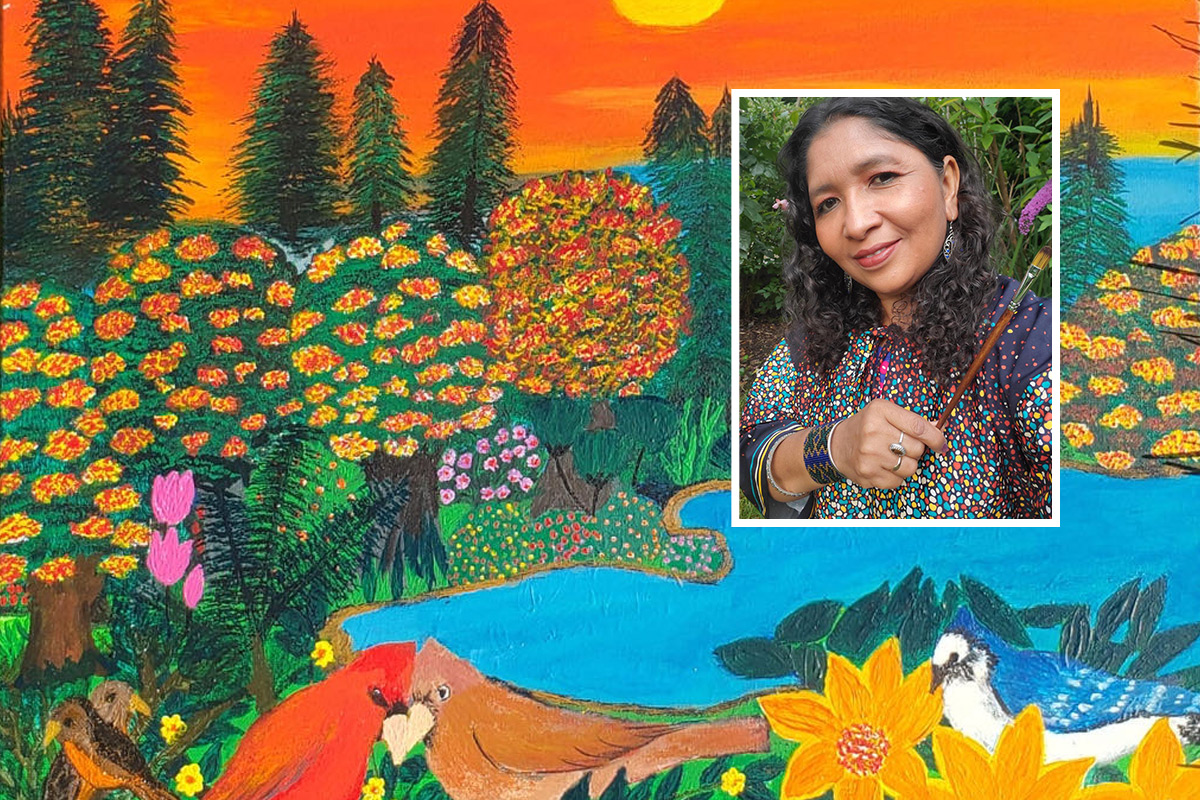 Nicaraguan artist Ledis Chevez Coronna (inset) shares her paintings in her first ever exhibit at Trinity Community Art Center in Northport Village. 