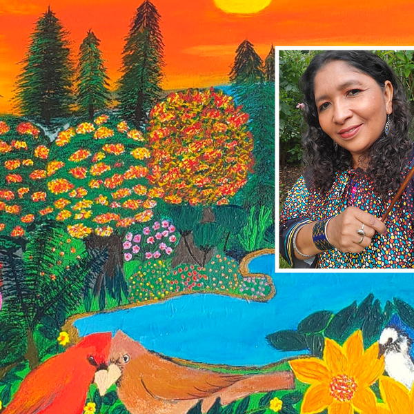 Nicaraguan artist Ledis Chevez Coronna (inset) shares her paintings in her first ever exhibit at Trinity Community Art Center in Northport Village. 