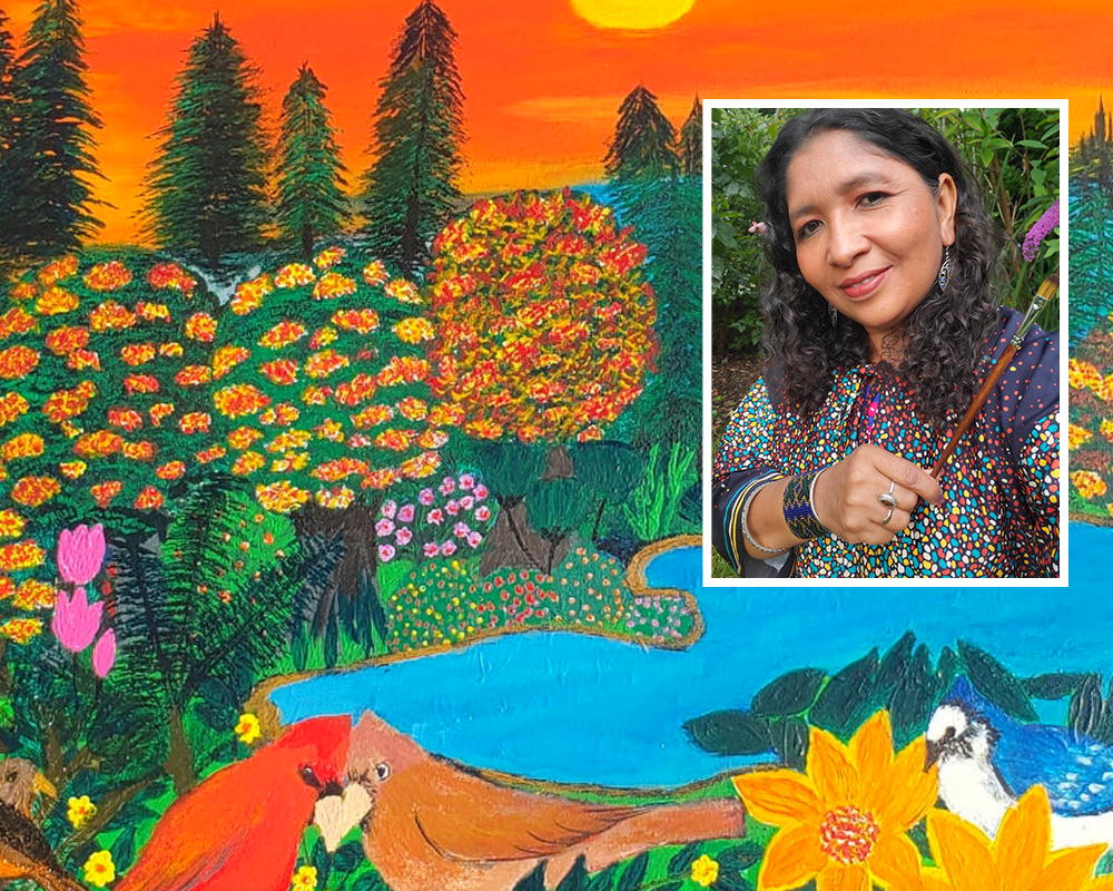 Nicaraguan artist Ledis Chevez Coronna (inset) shares her paintings in her first ever exhibit at Trinity Community Art Center in Northport Village. 