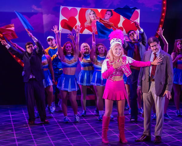 Emma Flynn Bespolka (Elle Woods) with the cast of Legally Blonde, The Musical, now playing at Engeman Theater in Northport. Photo courtesy of Engeman Theater. 