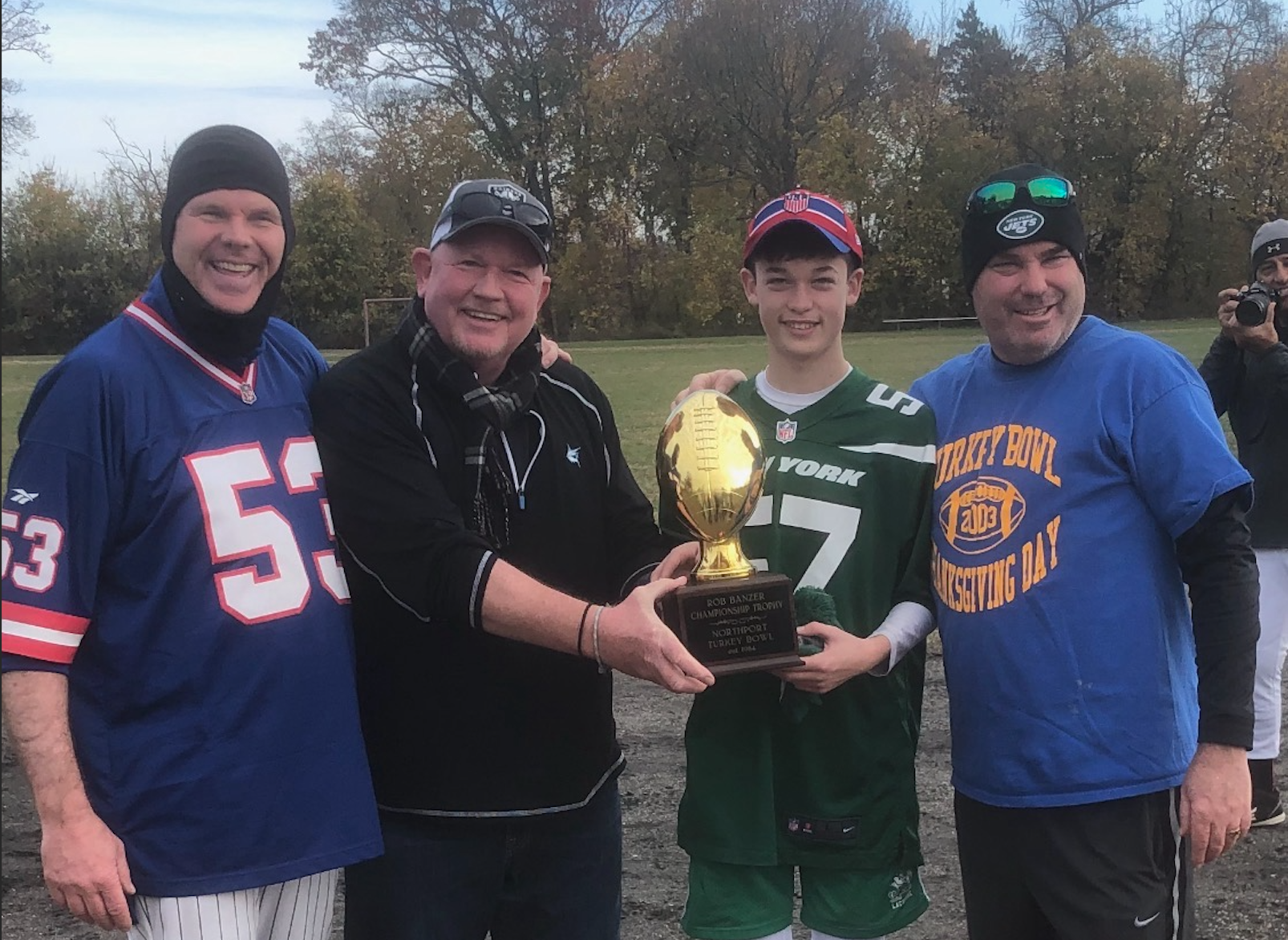 From left to right: Original “Pella” and 40-year Turkey Bowl participant Tom Fitzpatrick; Langford Meredith (30-year participant); Tom Fitzpatrick Jr. (4-year participant); and Tim Fitzpatrick (39-year participant) at a past bowl. Photo courtesy Tom Fitzpatrick.