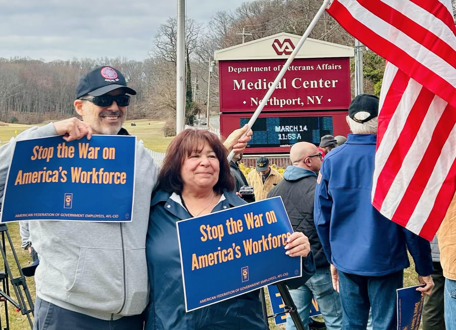 Approximately 75 people gathered for a rally against possible cuts to the workforce at the Northport VA Medical Center last Friday, March 14. Image via Facebook. 