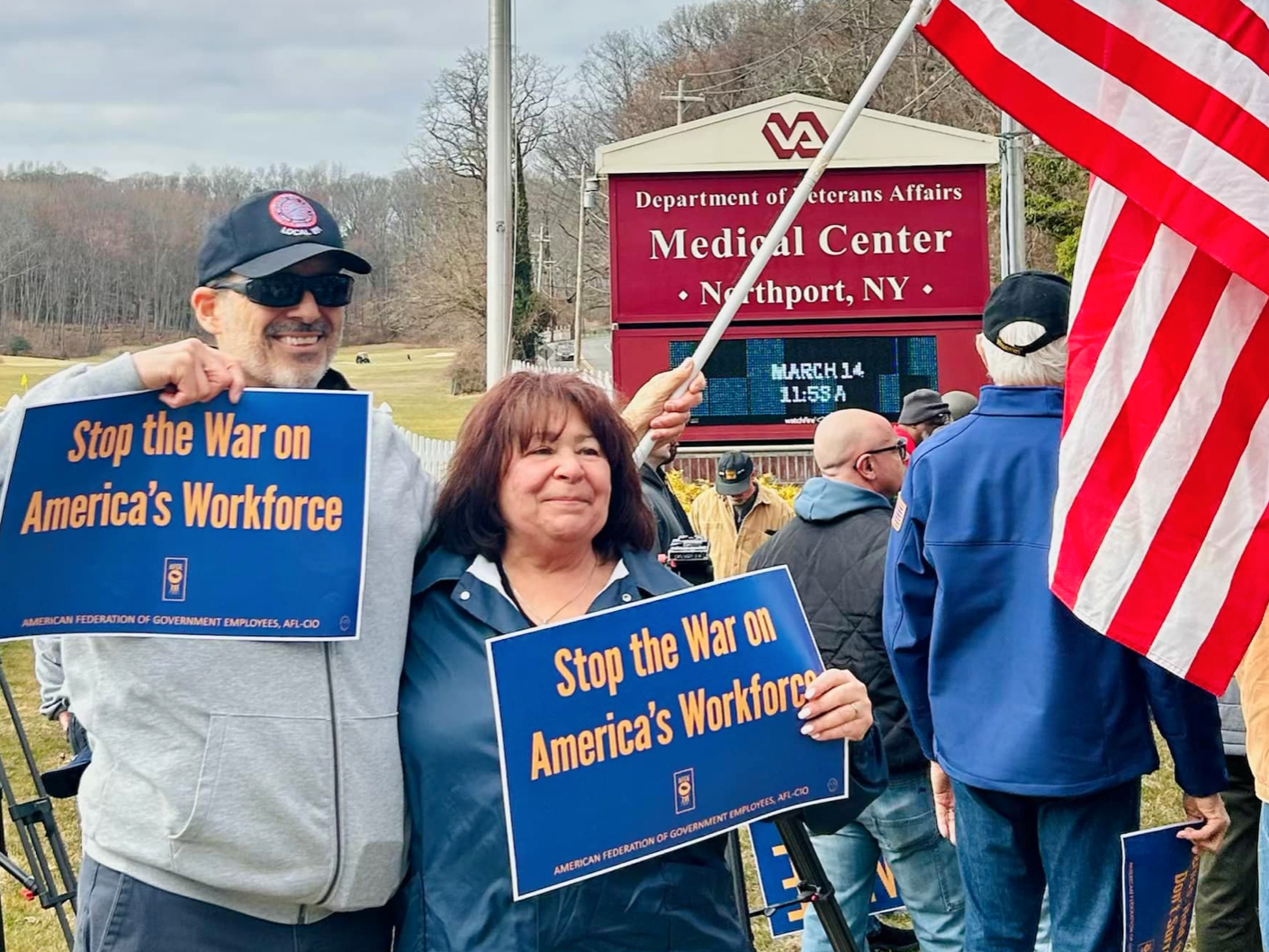 Approximately 75 people gathered for a rally against possible cuts to the workforce at the Northport VA Medical Center last Friday, March 14. Image via Facebook. 