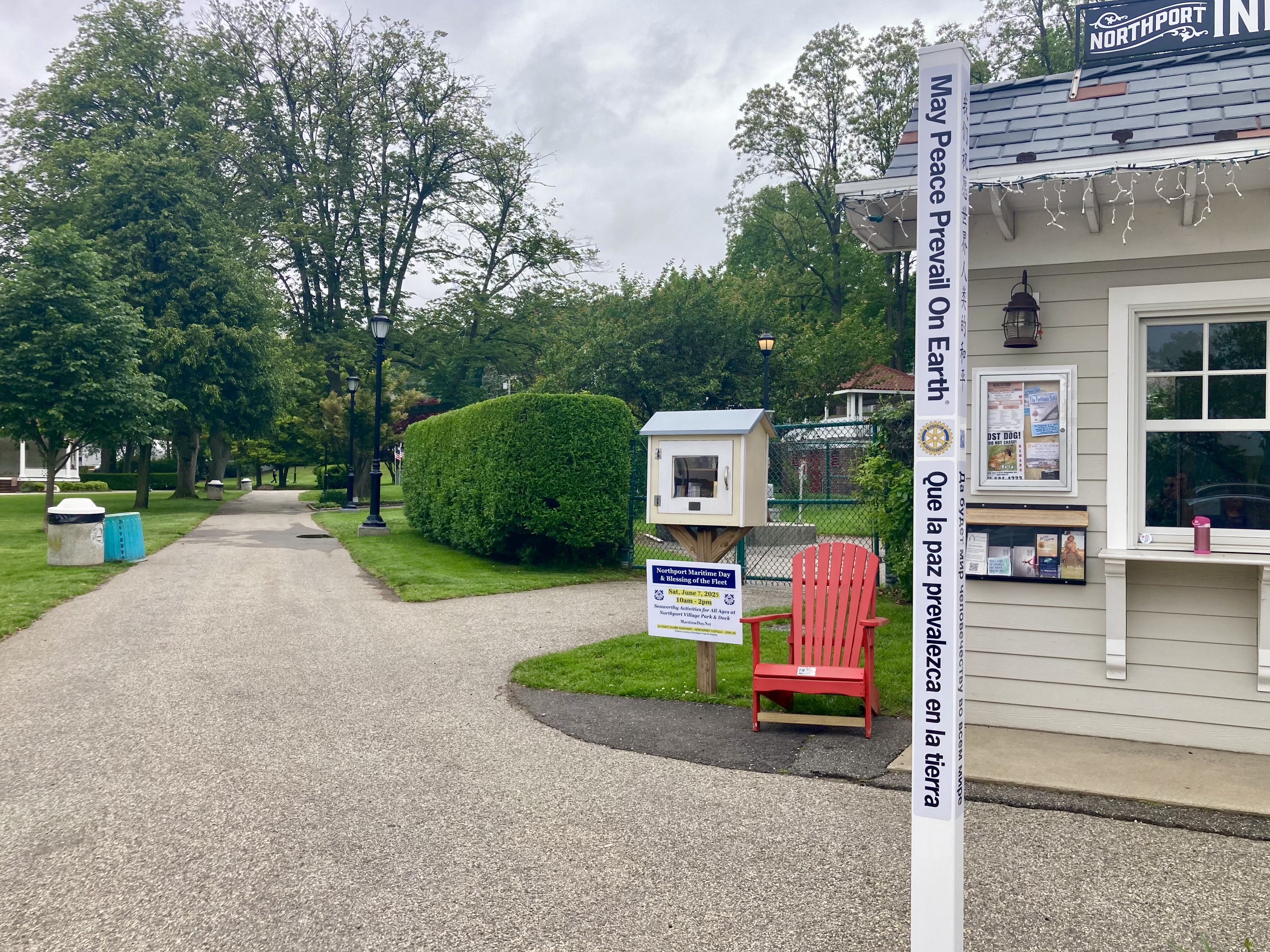 The newly installed peace pole in Northport Village Park, donated by the Northport Rotary Club, bears the message “May peace prevail on Earth.”