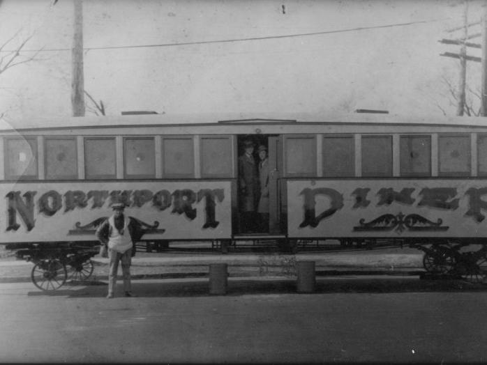 The original trolley car, rolled down Main Street in Northport Village in 1924, remains in its landmark location as part of the Northport Shipwreck Diner. Photo courtesy Northport Historical Society. 