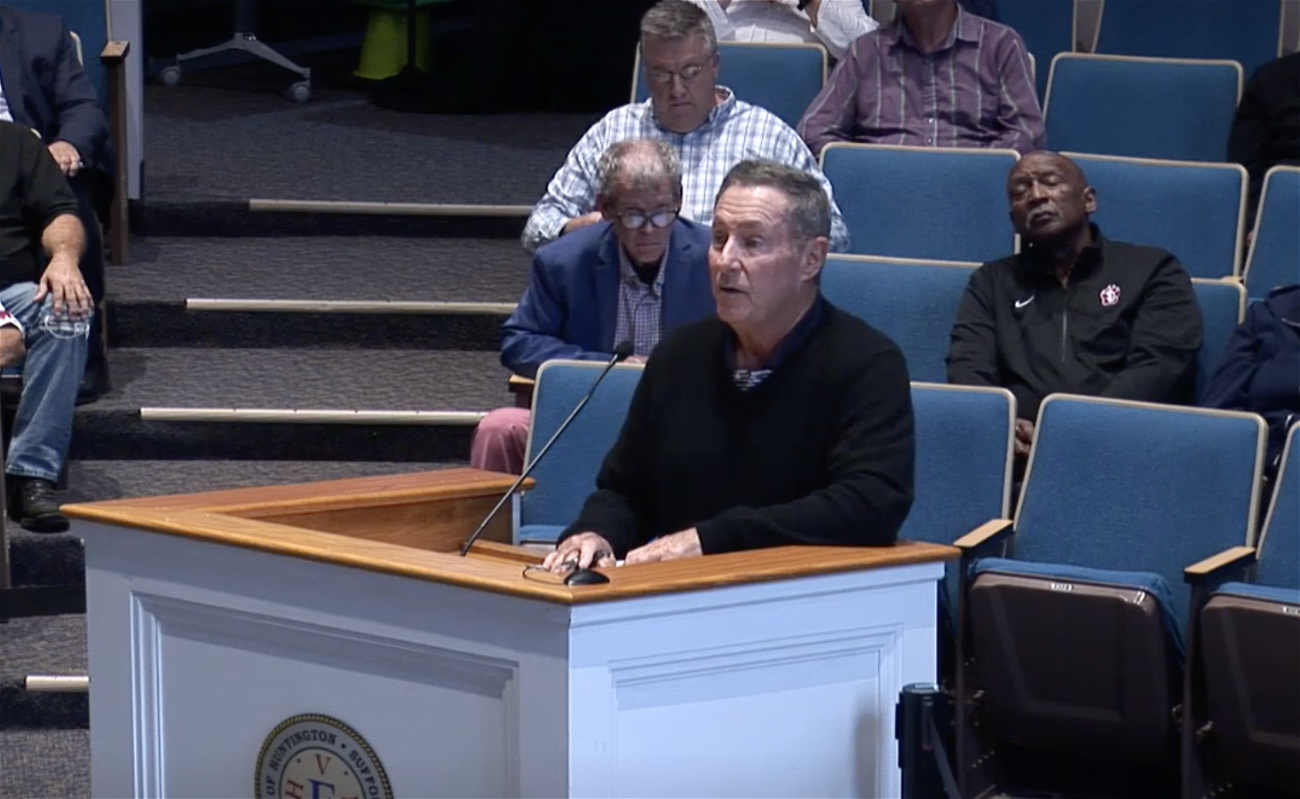 Northport Village resident Kevin Kavanaugh speaks at a recent Town of Huntington board meeting in opposition to plans to revitalize the Village&#39;s existing basketball court. 
