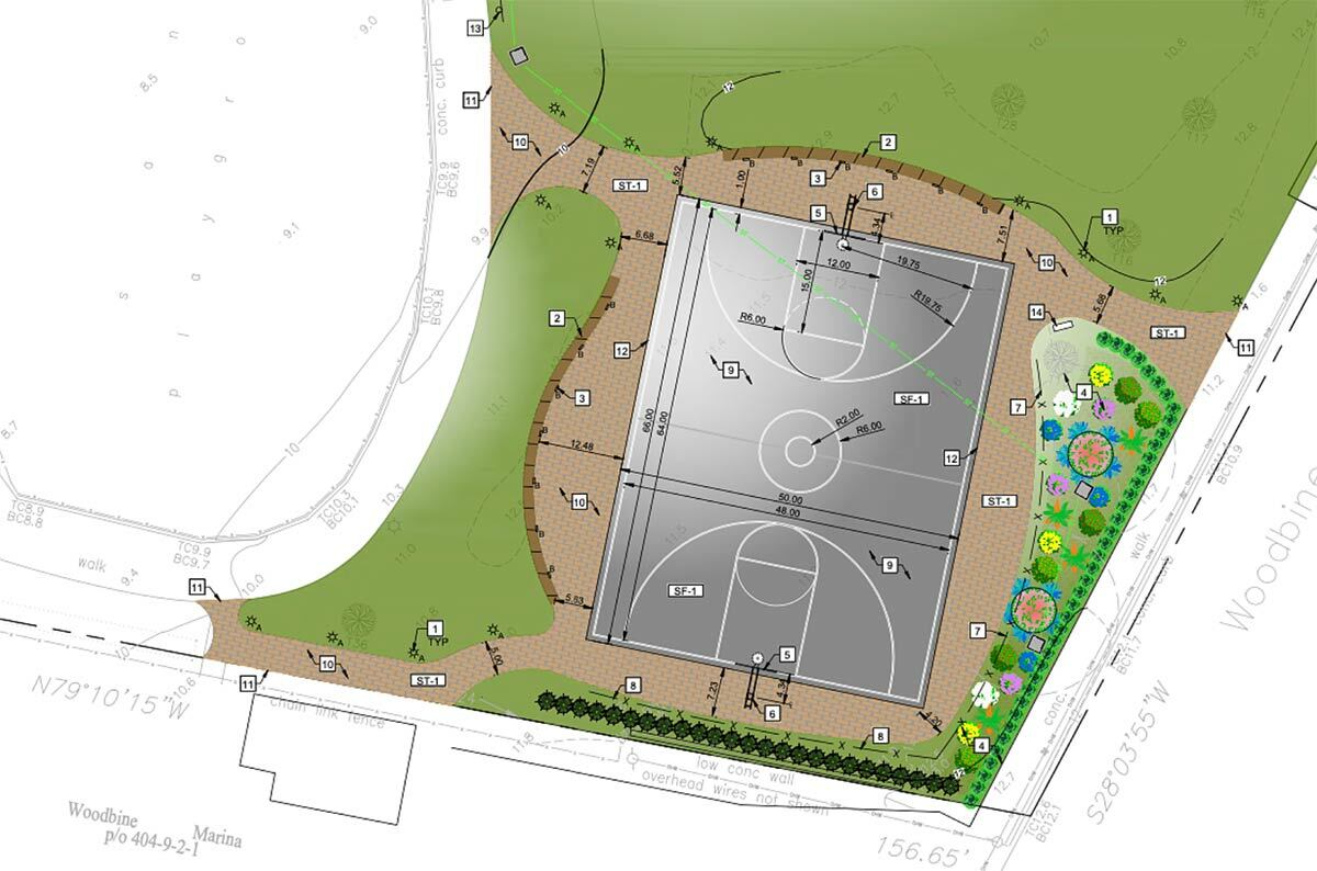 This design plan by J.R. Holzmacher put out to bid in January reflects the most current plans for the revitalization of the existing Northport Village basketball court in Cow Harbor Park.