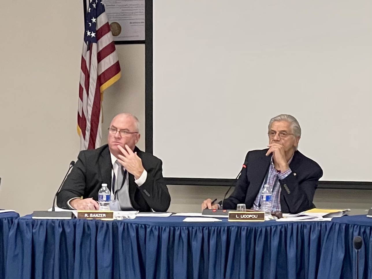 BOE President Larry Licopoli (right), pictured here with Superintendent of Schools Robert Banzer, announced yesterday a “pause” on all information and offers received by the district in order to allow time to assess, with community input, the options in relation to the use of three properties for sale/lease.