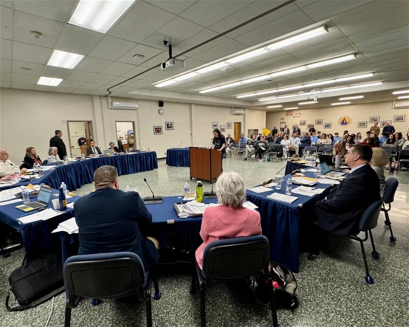 High school student Vivienne Cierski addresses the board of education at its April 4 meeting, during which possible reductions to the cost to run the school’s popular Students for 60,000 group were discussed. Photo courtesy Laura Brandies.