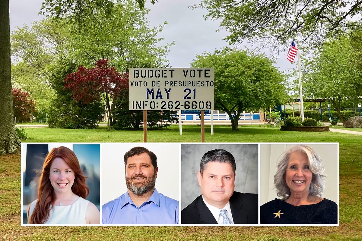 A sign reminds community members of the upcoming budget vote and election of trustees. Candidates for two available seats on the board of education are, from left, Victoria Bento, Michael Cleary, Paul Darrigo and Carol Taylor. 