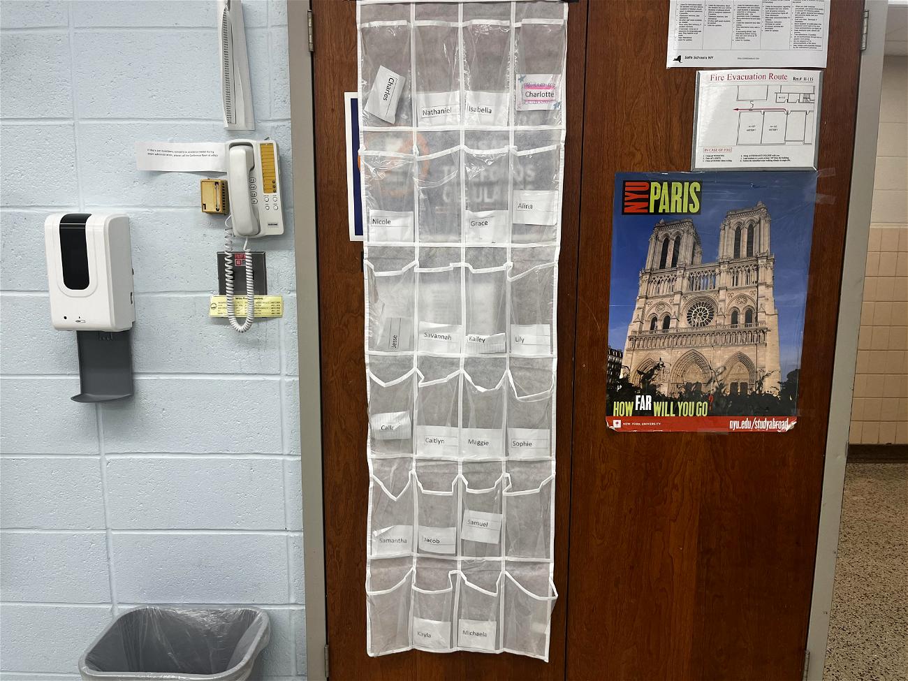 A renewed cell phone policy is back at Northport High School, with students required to deposit their cell phones into these clear multi-pocketed shoe organizers – or risk being marked absent. Photo by Vivienne Cierski. 