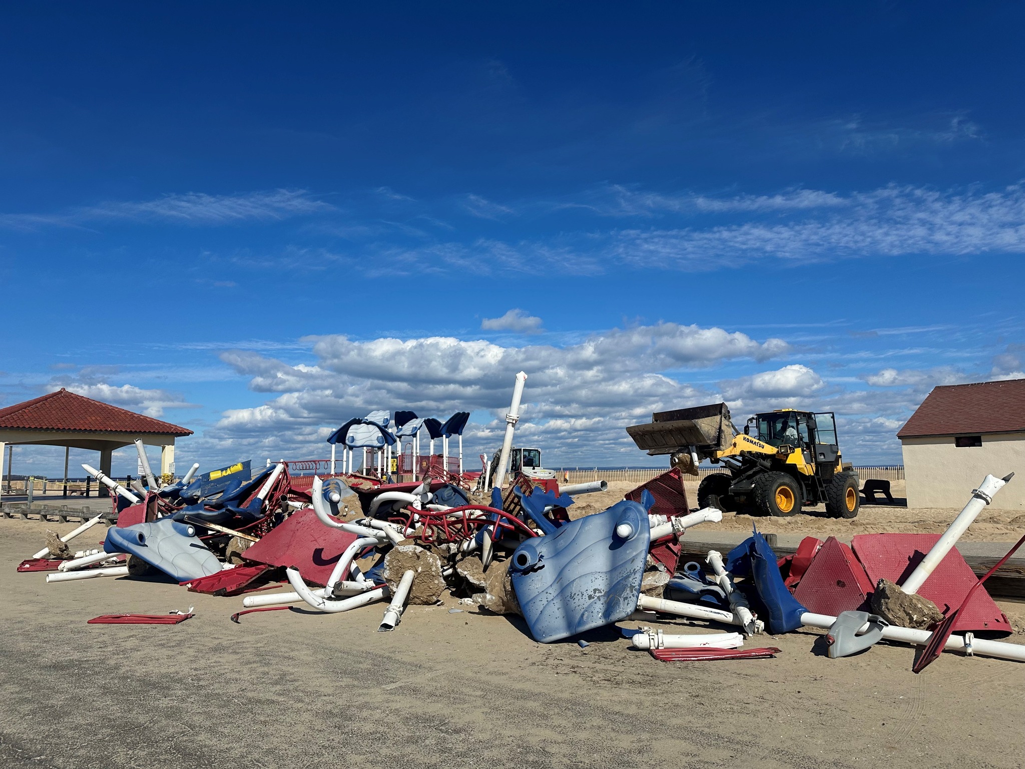 The playground at Crab Meadow Beach in Northport was demolished today, March 18, due to safety concerns. A new playground should be ready to use in six to eight weeks. Photo via the Town of Huntington. 