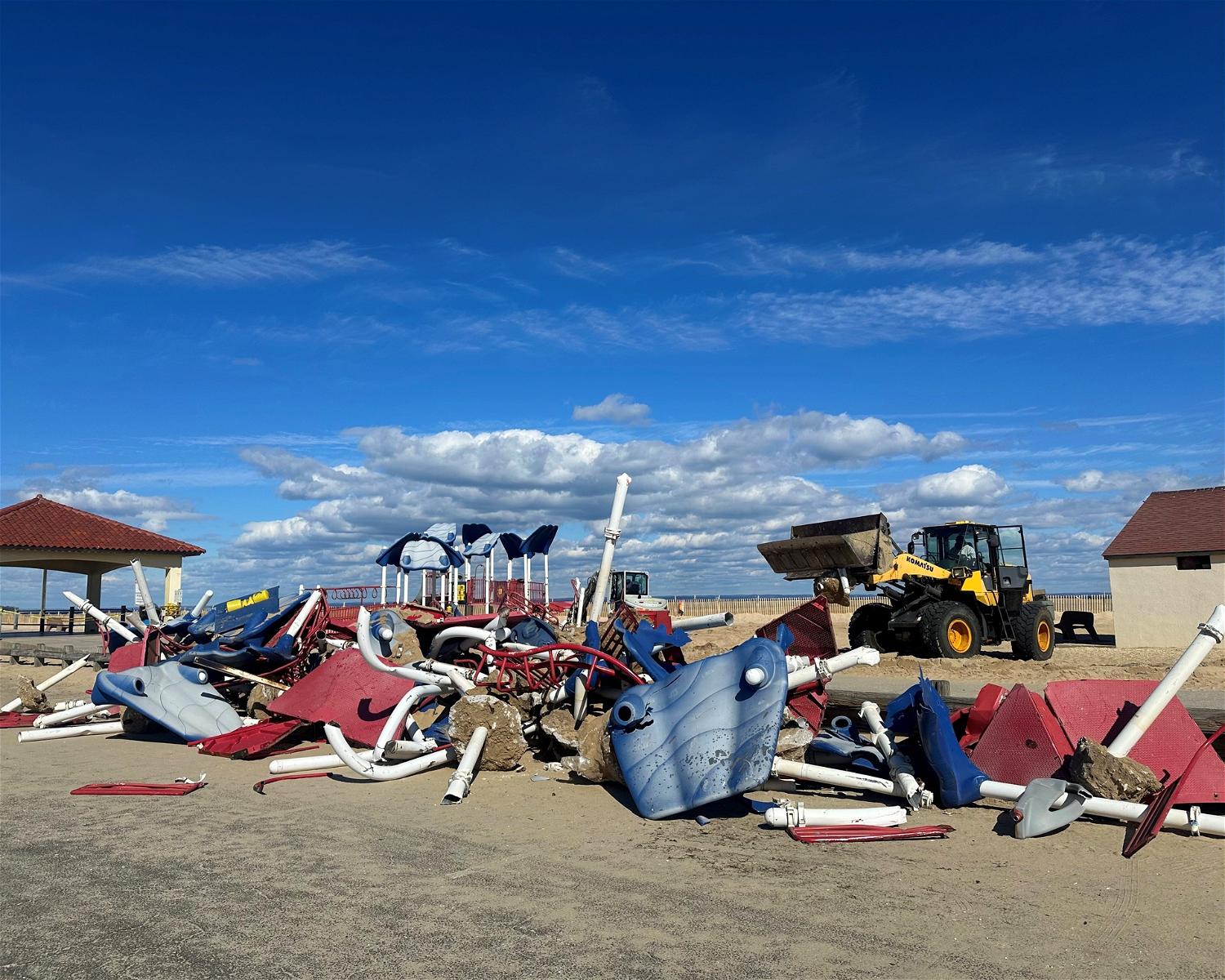 The playground at Crab Meadow Beach in Northport was demolished today, March 18, due to safety concerns. A new playground should be ready to use in six to eight weeks. Photo via the Town of Huntington. 