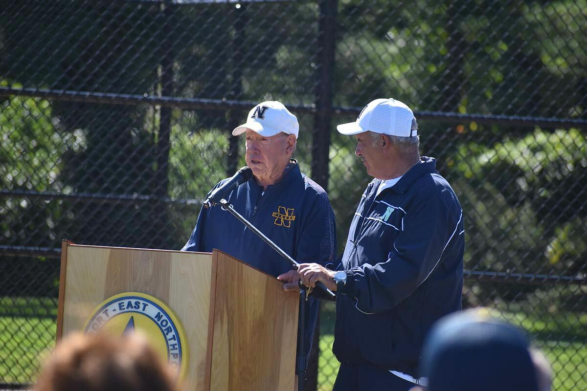 Coach DeMartini addresses the crowd during the field dedication ceremony. Photo courtesy of the Northport-East Northport Union Free School District.