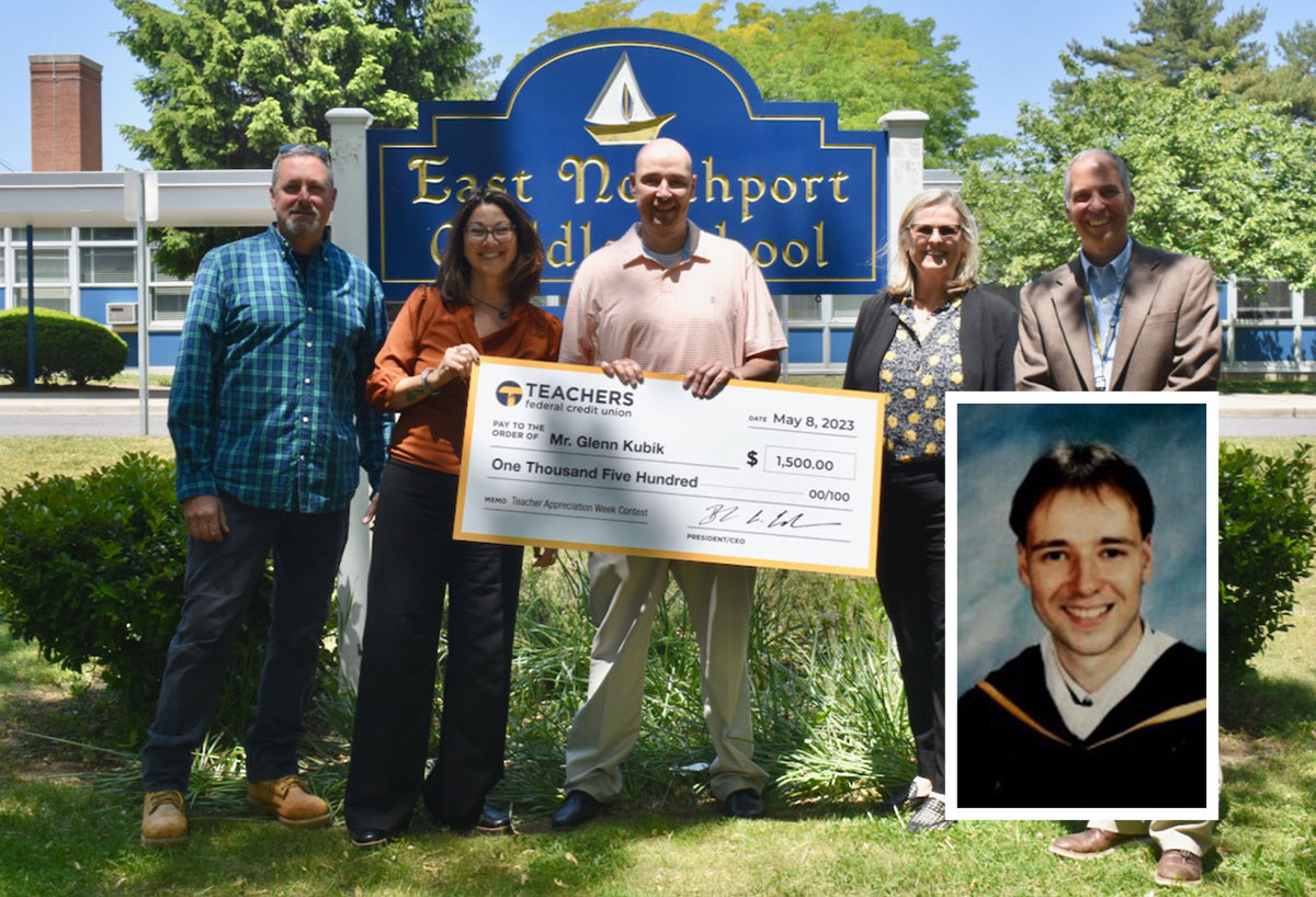 East Northport Middle School math teacher Glenn Kubik (center) pictured here after being recognized during Teacher Appreciation Week in 2023, and as a St. Joseph&#39;s graduate in his 1998 yearbook (inset). Kubik will receive the Lifetime of Leading Award from his alma mater this Friday. 