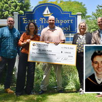 East Northport Middle School math teacher Glenn Kubik (center) pictured here after being recognized during Teacher Appreciation Week in 2023, and as a St. Joseph&#39;s graduate in his 1998 yearbook (inset). Kubik will receive the Lifetime of Leading Award from his alma mater this Friday. 