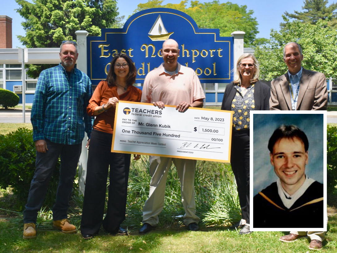 East Northport Middle School math teacher Glenn Kubik (center) pictured here after being recognized during Teacher Appreciation Week in 2023, and as a St. Joseph&#39;s graduate in his 1998 yearbook (inset). Kubik will receive the Lifetime of Leading Award from his alma mater this Friday. 