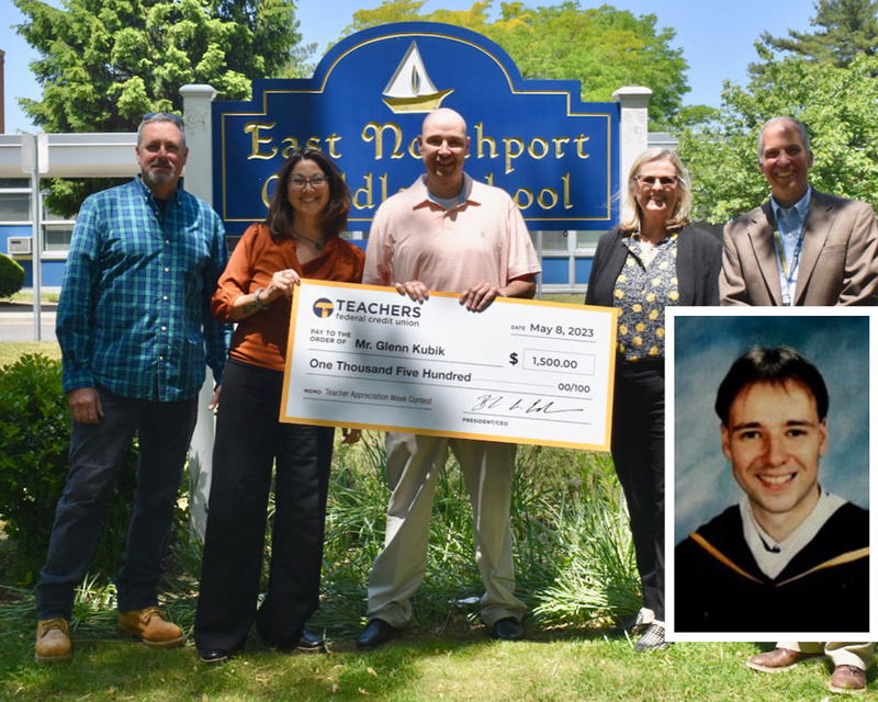 East Northport Middle School math teacher Glenn Kubik (center) pictured here after being recognized during Teacher Appreciation Week in 2023, and as a St. Joseph&#39;s graduate in his 1998 yearbook (inset). Kubik will receive the Lifetime of Leading Award from his alma mater this Friday. 