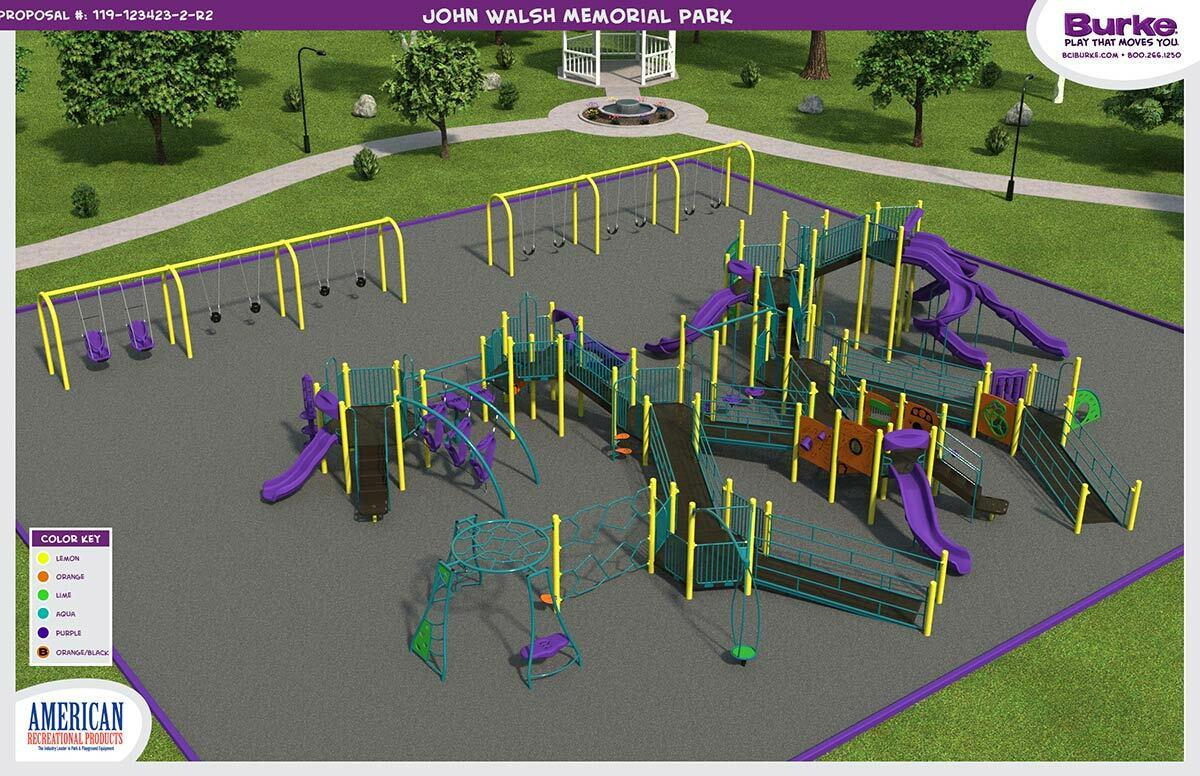 Plans for a new accessible playground at John J. Memorial Park in East Northport show a variety of colorful, modern and inclusive equipment.