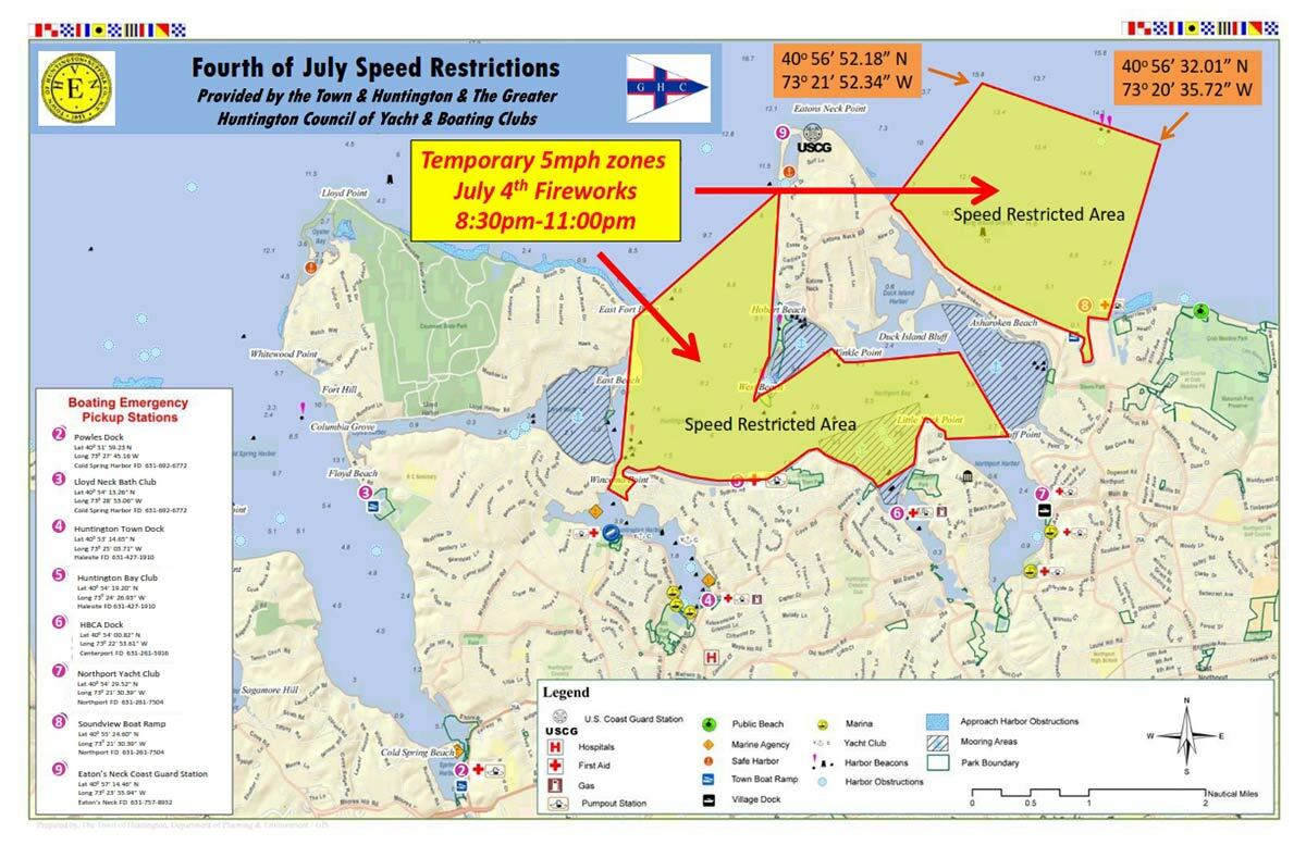 The Town of Huntington Harbormaster’s 5 mph Boating Speed Zone map, effective from 8:30-11pm on July 4.