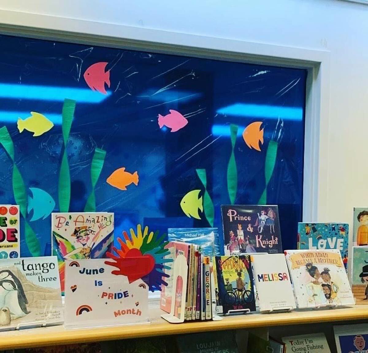 Photo of a Pride display at the Northport-East Northport library’s Laurel Avenue location via the NENPL Facebook page.