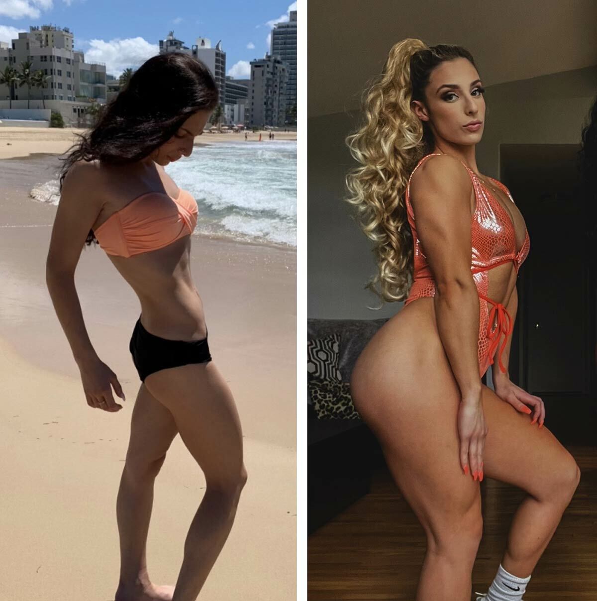 Full body transformation: Sarah Maresca at 19 years old (left), and now, as the 22-year-old prepares to compete at the 2022 National Physique Committee’s State Championships, in the wellness division.