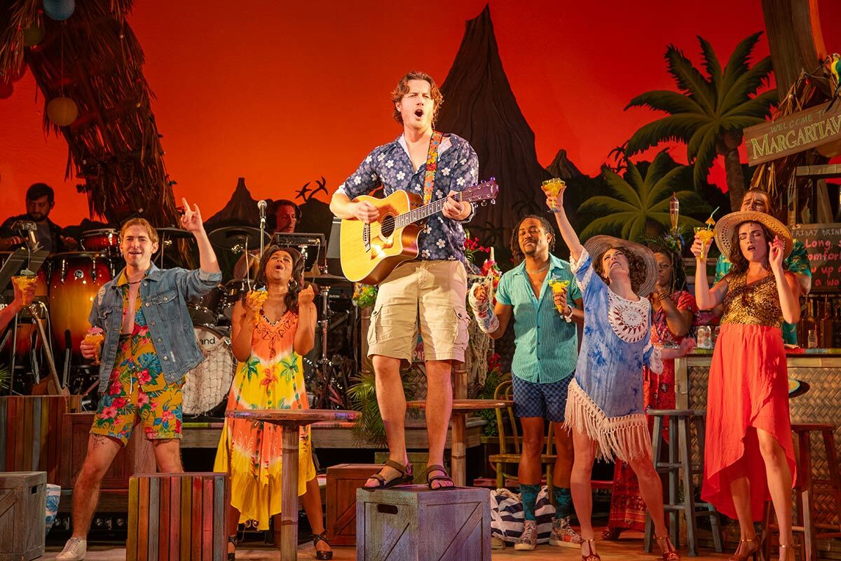 Sam Sherwood (Tully) and ensemble in Escape to Margaritaville at the Engeman Theater. Photos courtesy Engeman Theater.