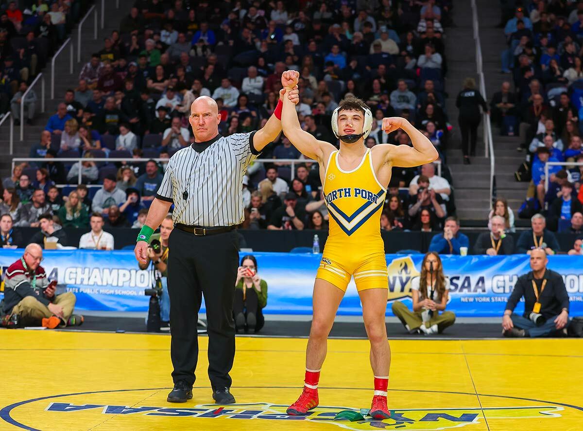 Northport High School junior Matthew Marlow following his win against Wantagh in the New York State Division I Wrestling Championship. Photo courtesy of Ray Passaro of LI Sport Shots.