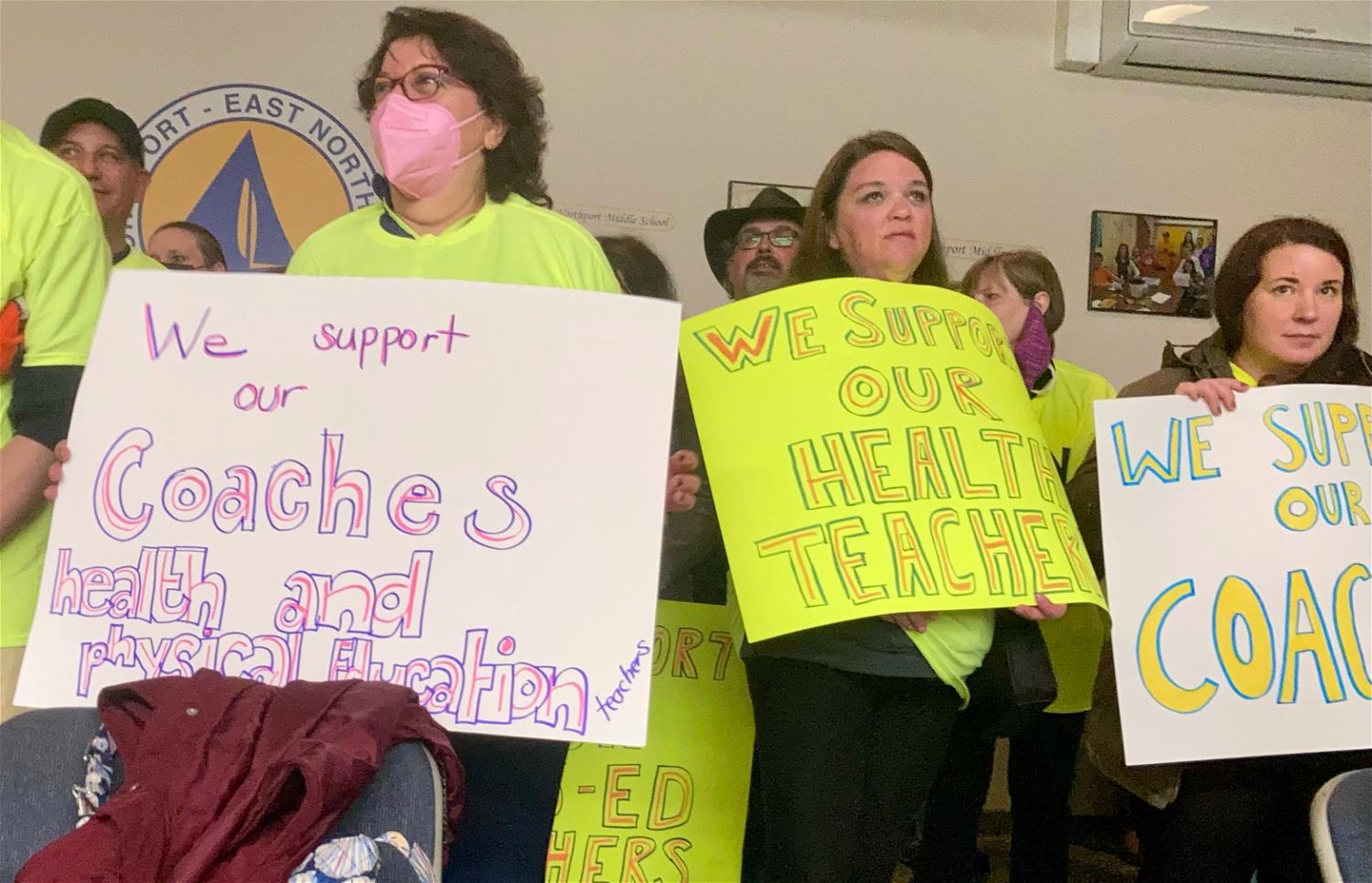 Members of the United Teachers of Northport (UTN) at an April 2022 board of education meeting, where teachers and staff from the district showed up in solidarity in light of allegations against the district’s athletic director that have yet to be made public.