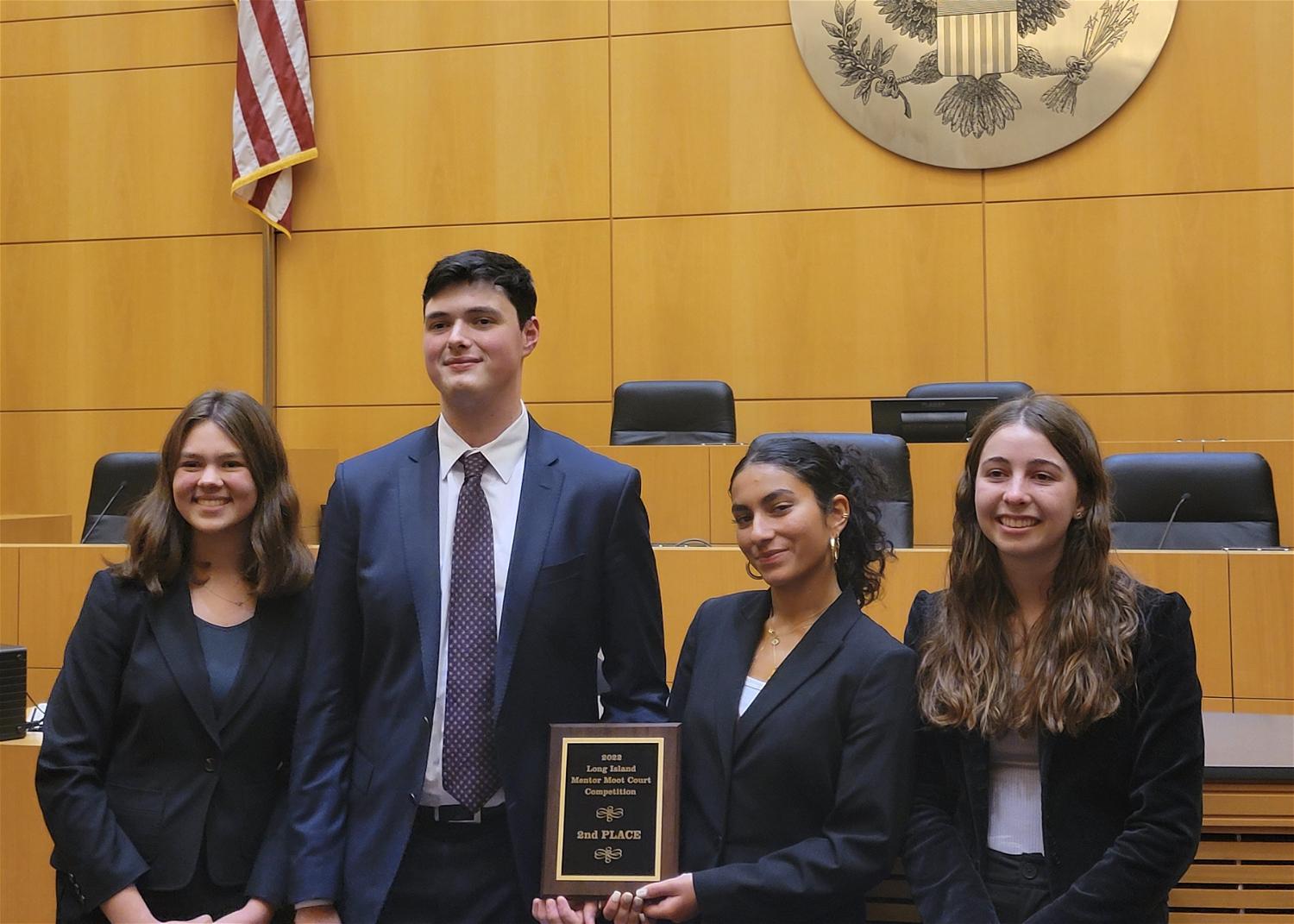 Northport High School students (from left to right) Kailey Ciszek, Sam Rosenfeld-McMahon, Ava Mir and Molly Zambri attended the Long Island Moot Court Tournament sponsored by the United States District Court in Central Islip. Photo courtesy of the Northport-East Northport UFSD.