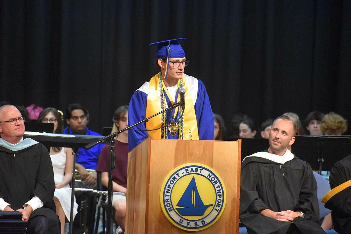 Valedictorian John Dwyer speaks to his peers and attendees about the power of appreciation during the Class of 2023 commencement ceremony. Photo courtesy of the Northport-East Northport school district.