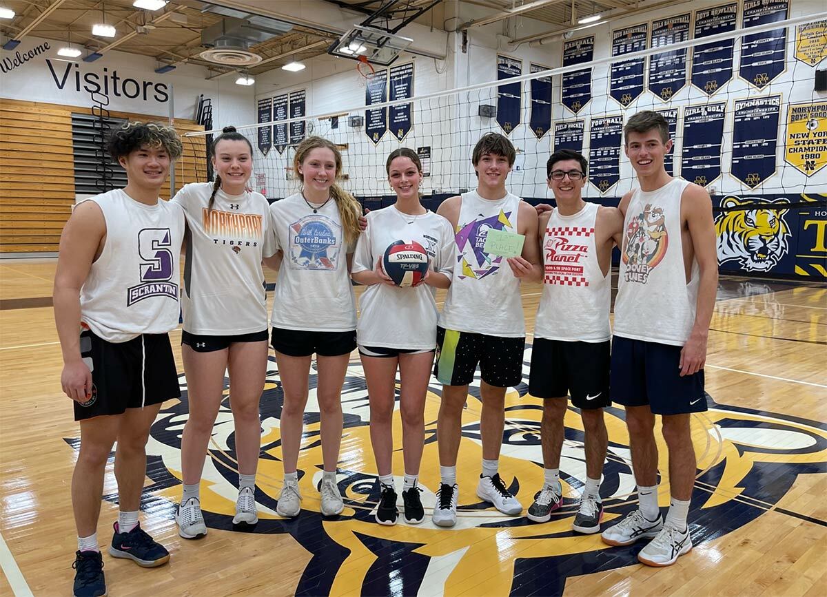 Over 200 Northport High School students and local corporate sponsors participated in the Academy of Finance Volleyball Tournament, which raised money for the American Foundation for Suicide Prevention. Pictured is first place team, from left: Logan Chin, Sophia Yearwood, Alli Soule, Sophia Bica, Aidan Flinn and Justin Marques. Photo via NENUFSD Facebook page.