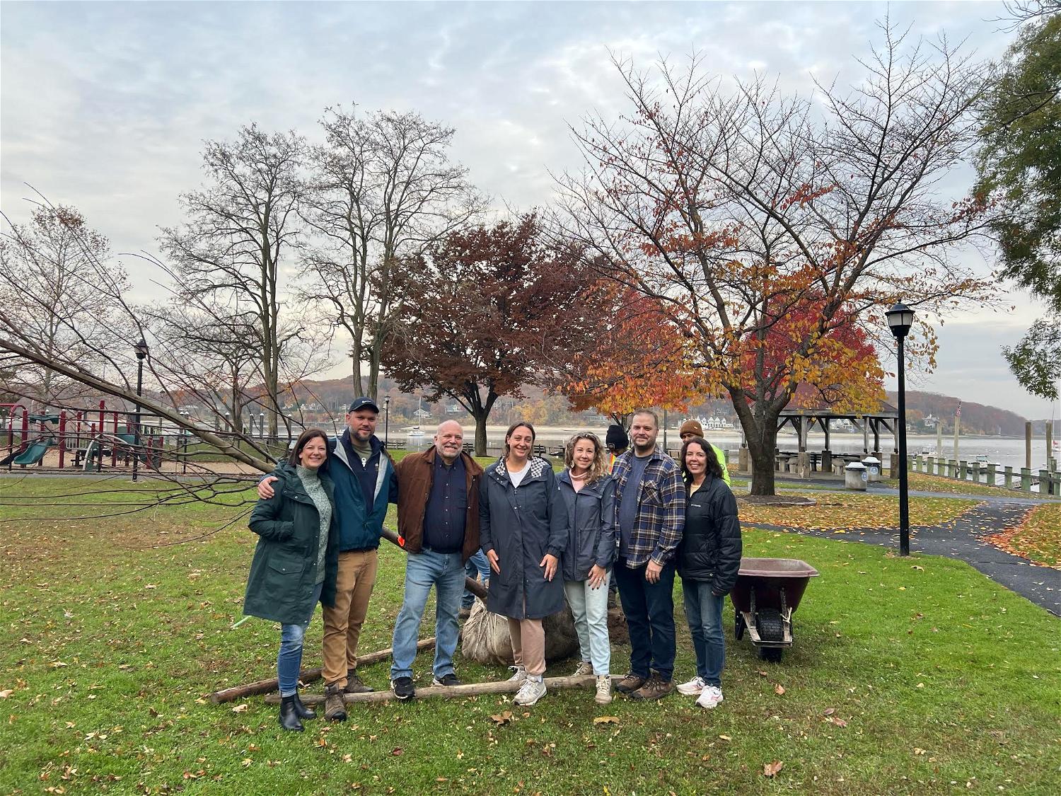 From left: Nicole Tamaro, Jon Holden, Roland Buzard, Meghan Dolan, Sara Abbass, Matt Gorman and Barbara Bolen. Also present but not photographed were Northport Village Mayor Donna Koch, Trustee Dave Weber, and Robb Smith from the NYS Department of Transportation. Two native red maple trees donated by NNGI and Steven Dubner Landscaping were planted in Cow Harbor Park in Northport Village this past Saturday, November 18.