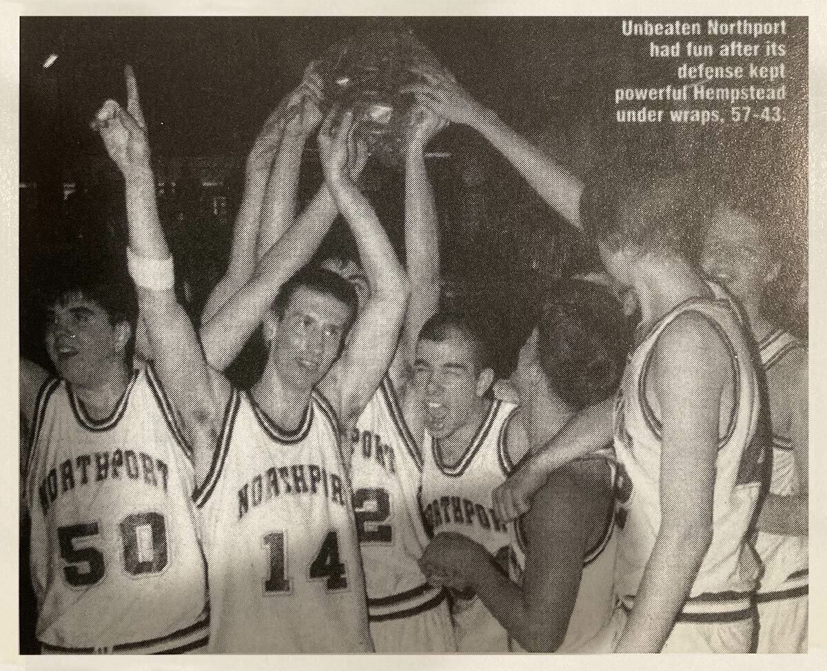 Members of the 1994-1995 NHS basketball team celebrate an undefeated season in this throwback yearbook picture. Image courtesy of Doug Trani