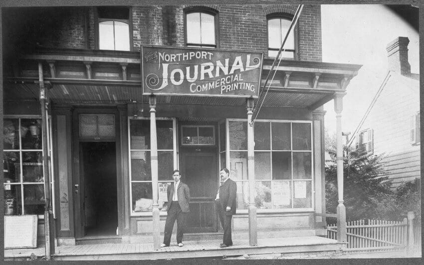 Main Street, #156-158, Masonic Hall. Northport Journal Commercial Printing. Daniel Arthur (left) and Henry G. Simpson. Photo courtesy of Northport Historical Society.