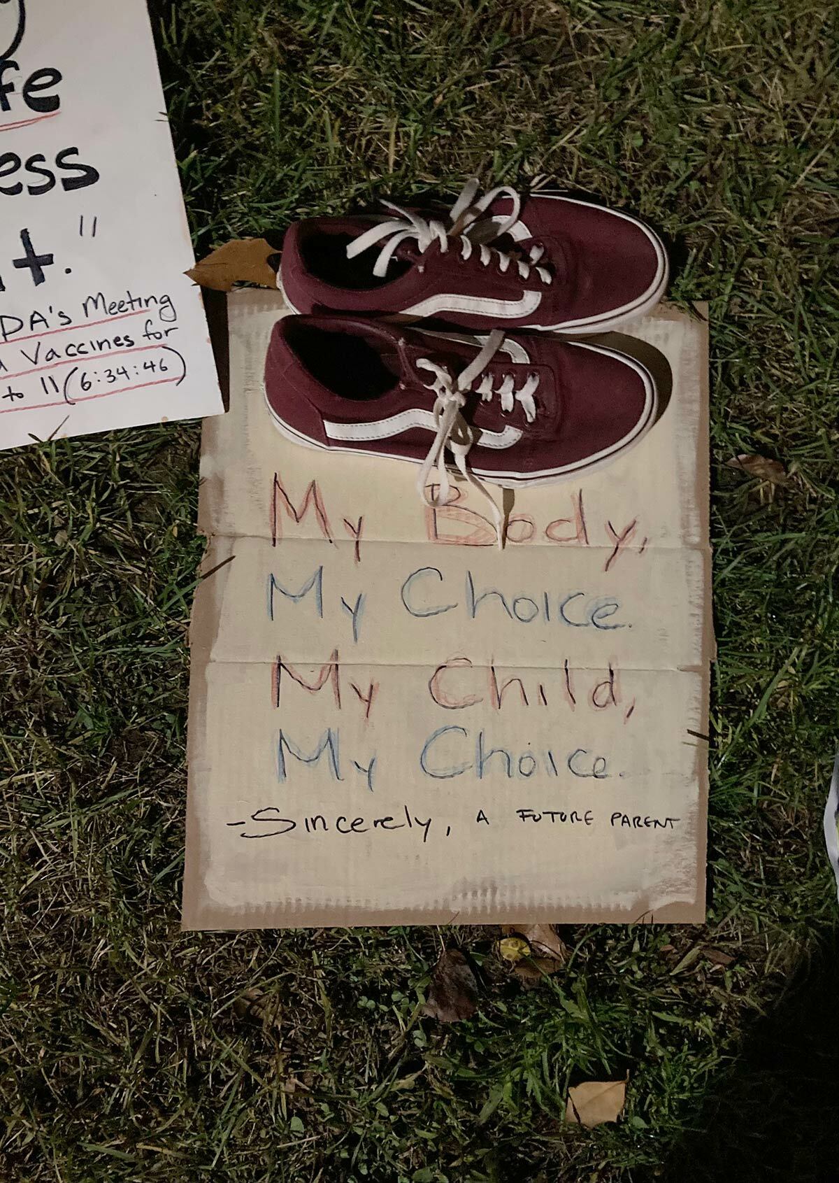 A sign left by a "future parent" at an Operation Shoe Drop at the Brosnan building in Northport.