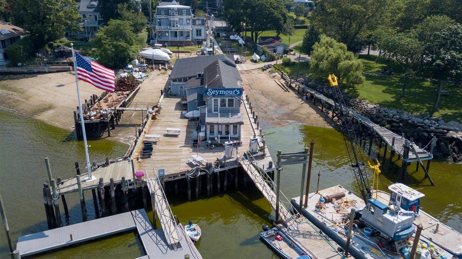 Seymour&#39;s Boatyard in Northport Village on July 17, showing algal bloom after heavy rainfall. Photo courtesy of Rebecca Grella.